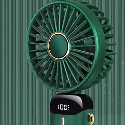 Green portable fan with specifications on a green background